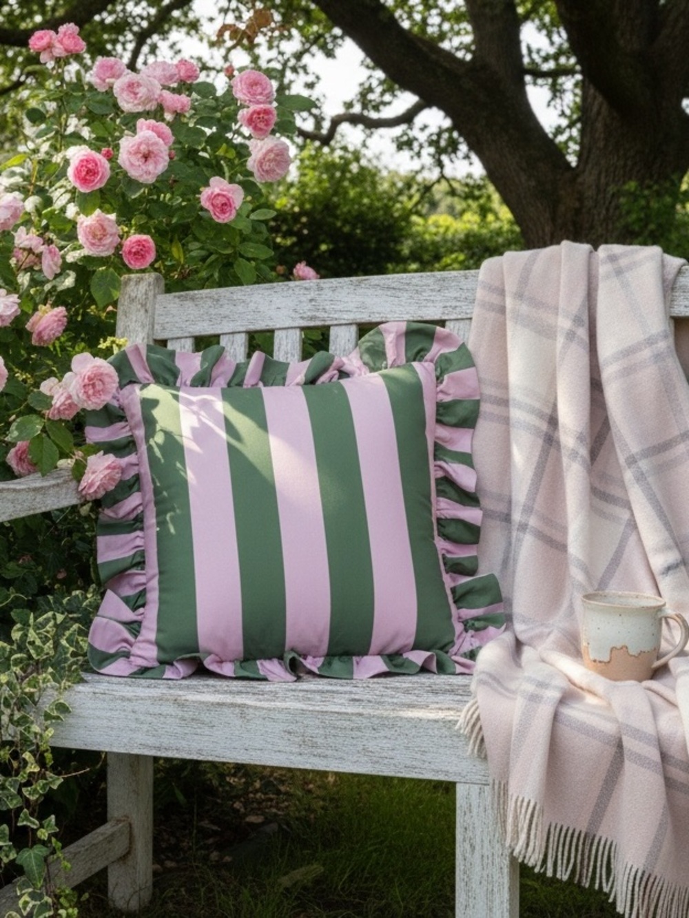 NWT Anthropologie Maeve Striped Ruffle Throw Pillow Pink Green 20x20